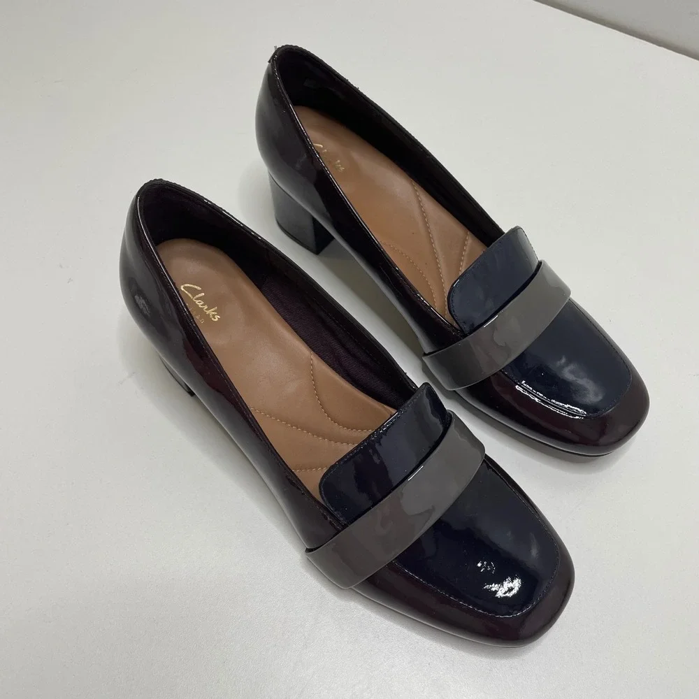 Clarks Colorblock Patent Leather Block Loafer Pump 9 Dark Academia Preppy Office - Picture 4 of 13